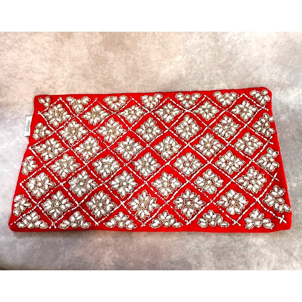 Artistic Accents Red Velour Lumbar Beaded Pillow Cover Silver Pearl Diamonds